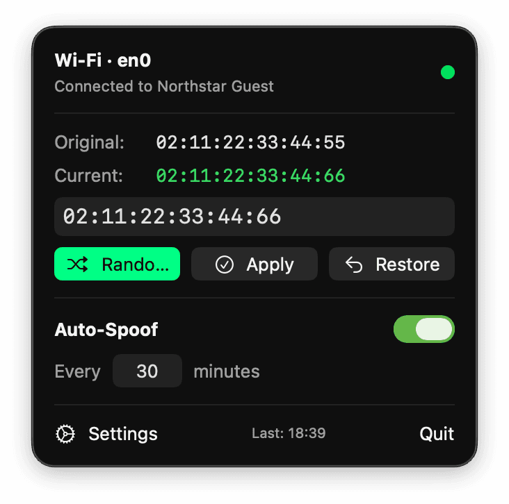 WiFiSpoof menu showing a sample Wi-Fi connection, original and current MAC addresses, and auto-spoof controls.