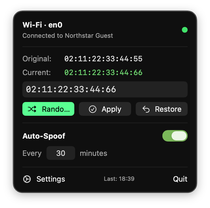 WiFiSpoof menu showing a sample Wi-Fi connection, original and current MAC addresses, and auto-spoof controls.